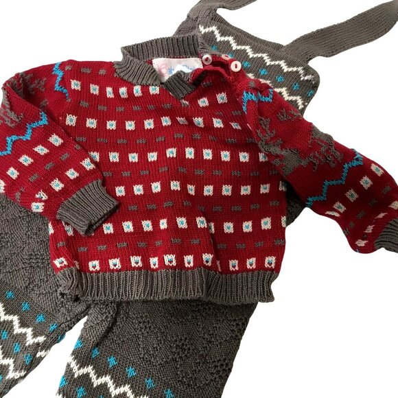 VTG BABY CLAIRE 18M Knit Reindeer Sweater Gray Overalls Fair Isle Toddler VBC - Picture 7 of 10